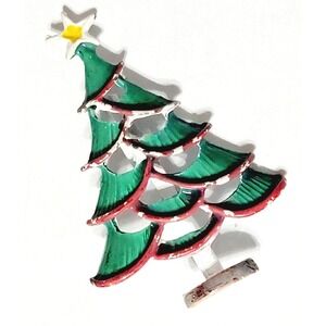Vintage Green Christmas Tree Brooch Pin Enameled Mid-century Star 2"